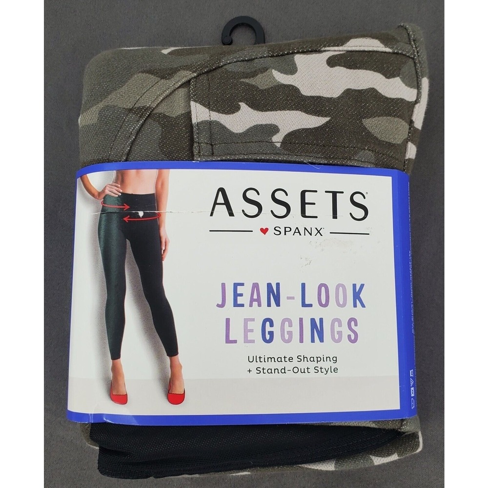 ASSETS by SPANX Women Olive Green Camo Print Jean Look Leggings Womens Small New